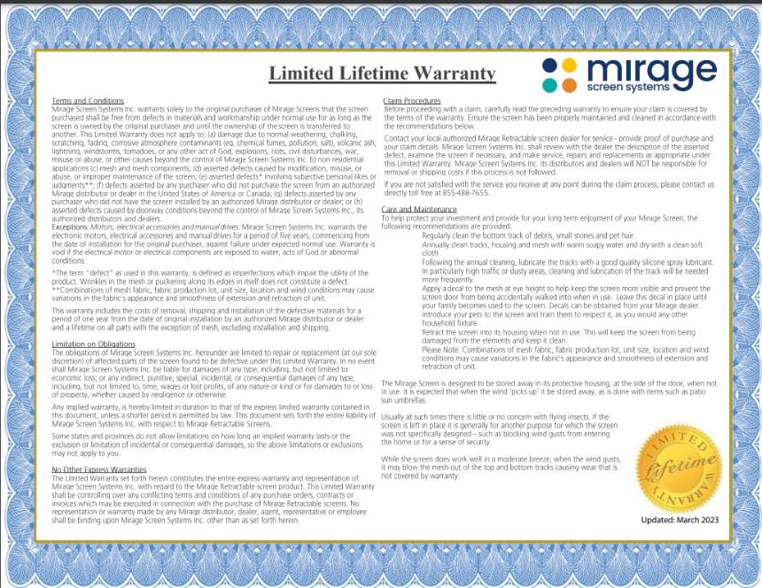 Mirage Screens Warranty Certificate